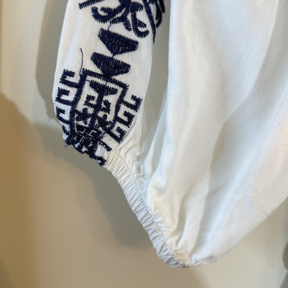 Summer White Dress with Navy Blue Embroidery - Picture 6 of 10